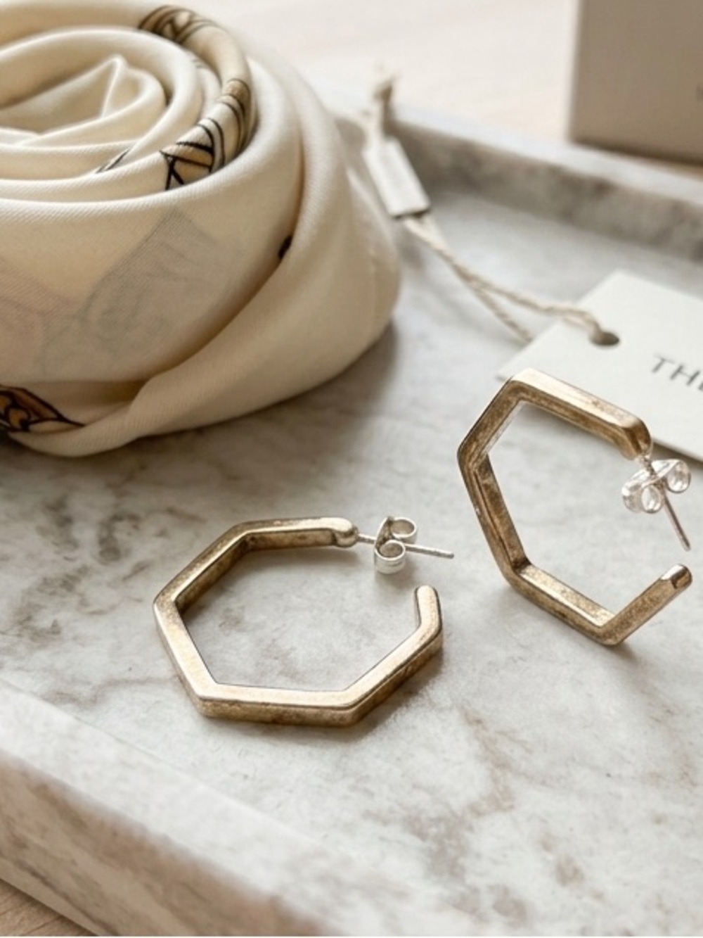 Geometric Hexagon Hoop Earrings in Brushed Gold pre-owned gold